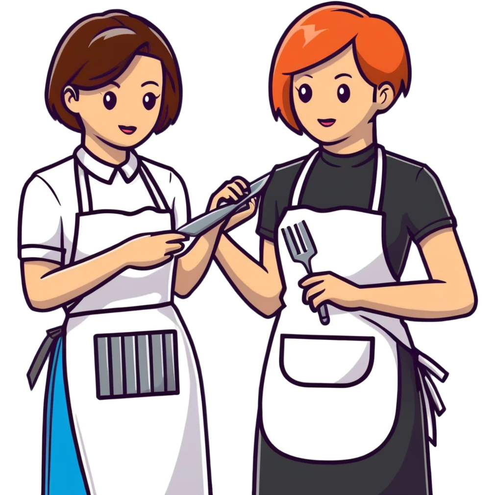 stylist with apron demonstrating haircut on mannequin to student emoji