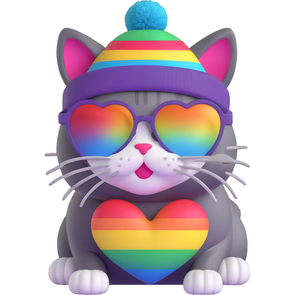 cat wearing a rainbow beanie and heart-shaped sunglasses emoji