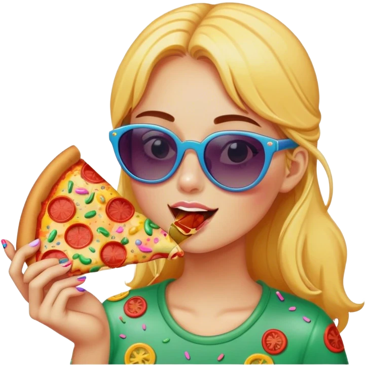 A girl with sunglasses and eatin dlice of pizza emoji