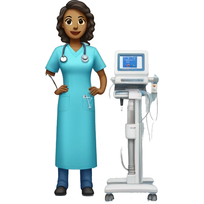 dialysis nurse wearing a blue tunic standing next to a dialysis machine emoji