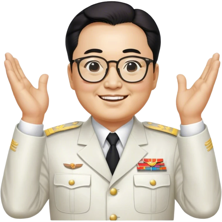 Emoji of General kim il sing wearing his white uniform with his hands behind his back smiling as he looks at you through his big glasses emoji