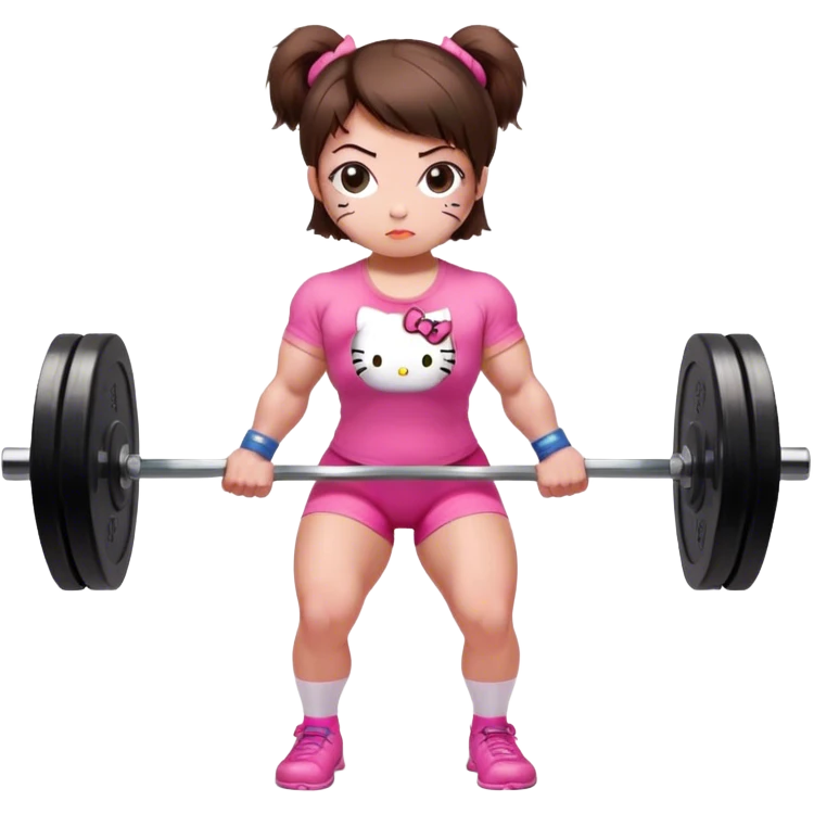 A strong female powerlifter with short brown hair performing a deadlift. She wears a pink Hello Kitty t-shirt and has small bruises on her legs. Her expression is focused and determined as she lifts the heavy barbell in a gym setting. The atmosphere is intense, highlighting her strength and dedication. emoji