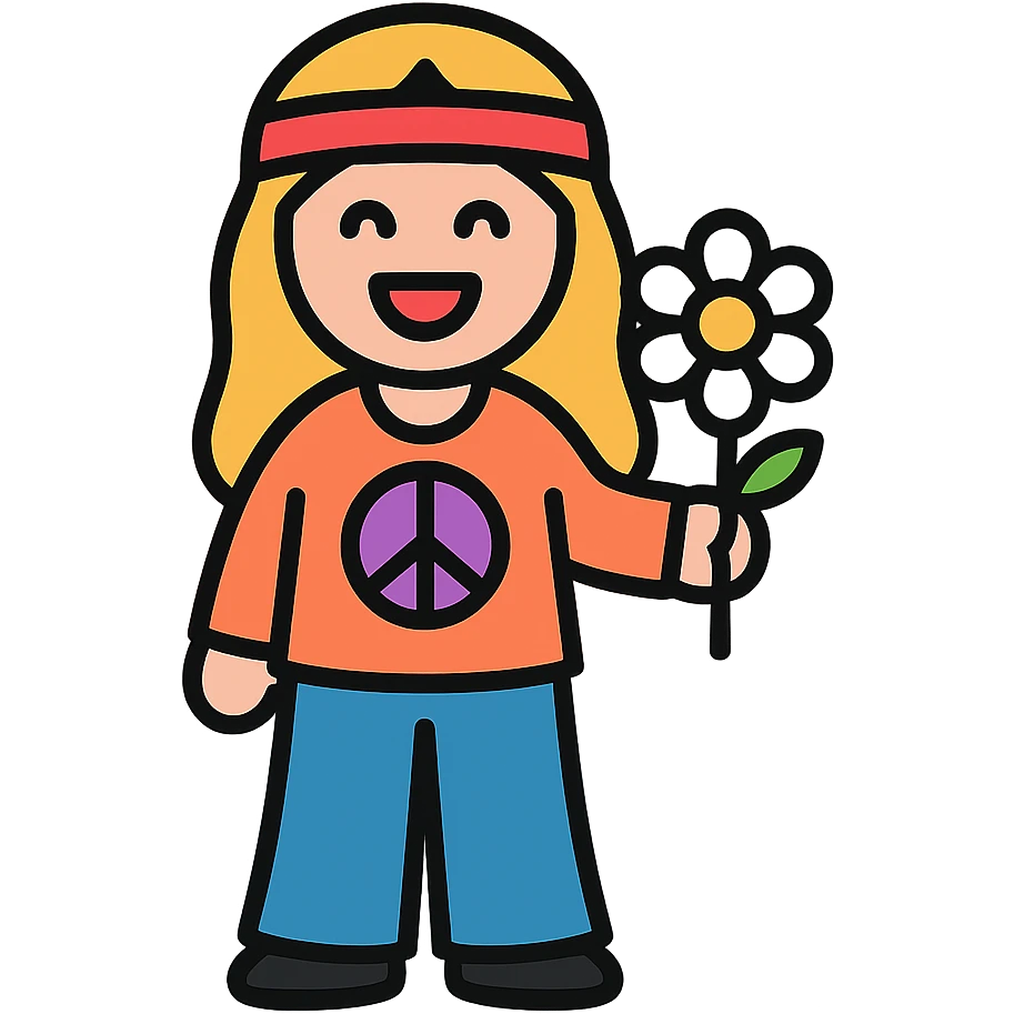 flower child, 1960s hippie, holding a daisy, bell-bottom pants, cheerful, simple icon emoji