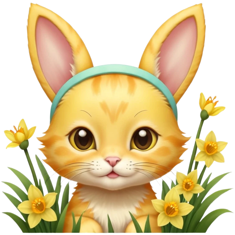 A sunshine yellow kitten with freckles, bunny ears headband, surrounded by daffodils and playful butterflies. emoji