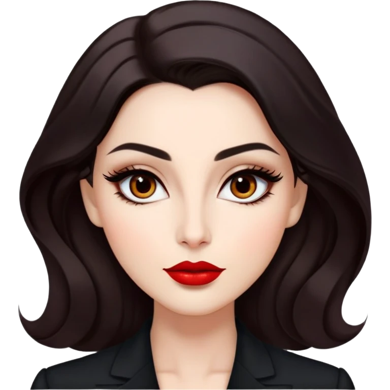 Elegant actress with luminous skin, elongated face, dark almond eyes with tasteful eyeliner, thick eyebrows, straight nose, red lips, voluminous dark hair with gentle waves, black professional attire, dignified confident pose emoji