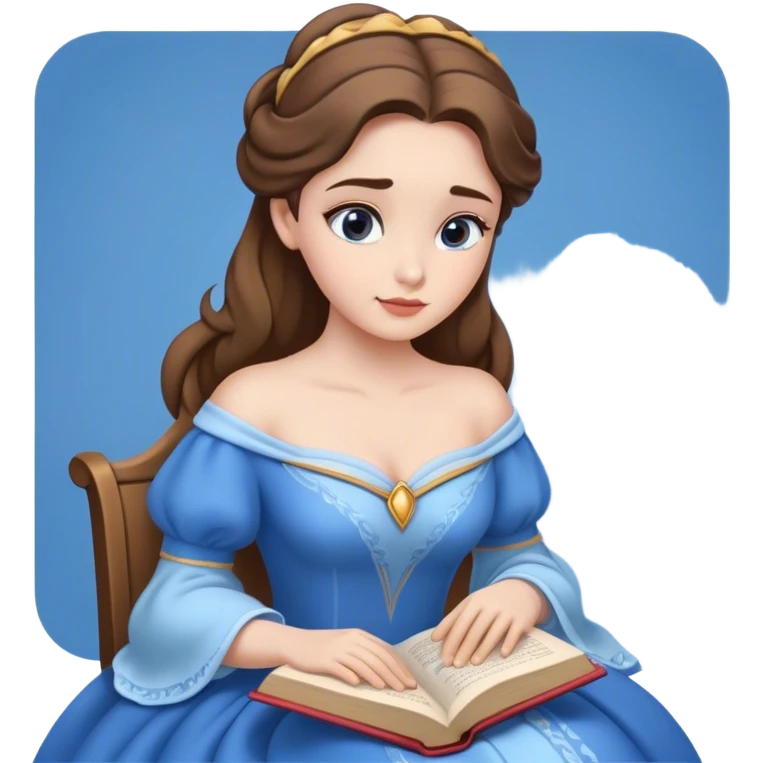 Cinematic Elegant Belle Portrait Emoji, Sitting with an open book, eyes dreamy with thought, her iconic blue village dress draped gracefully, exuding intelligence, kindness, and timeless charm! emoji