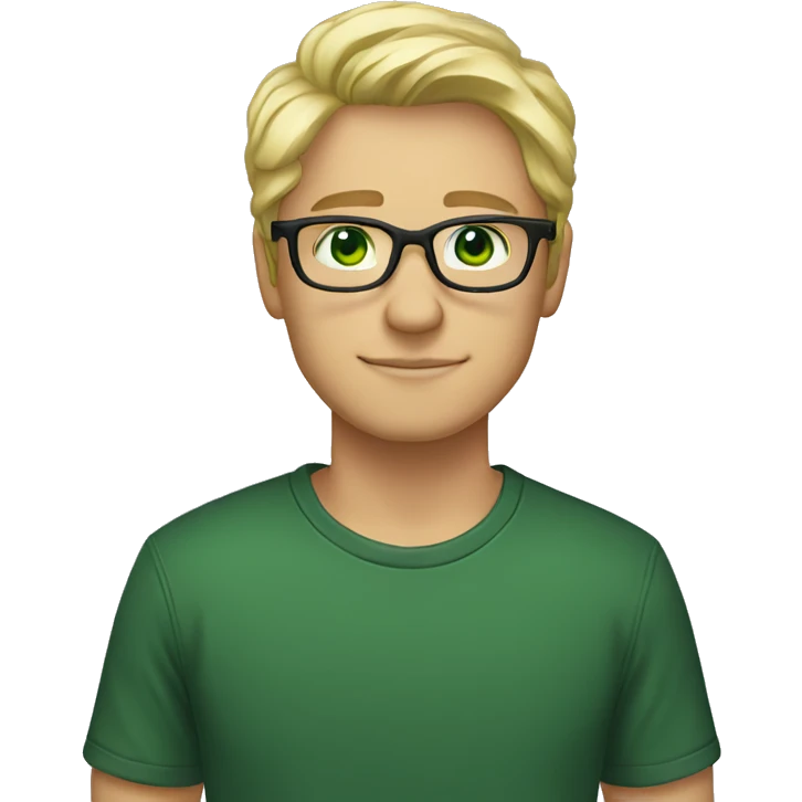 male, nose-piercing, cold blond hair, glasses, green eyes, black t-shirt emoji