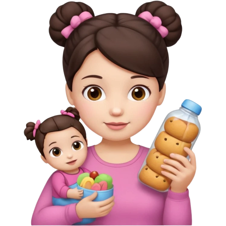Cute small Toddler emoji with two small buns dark brown hair, fair skin, in pink top, holding toddler snacks & doll emoji