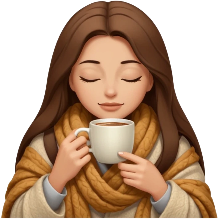 long brown hair woman closed eyes hiding under a cozy wool beige blanket, holding cup of coffee, autumn mood emoji