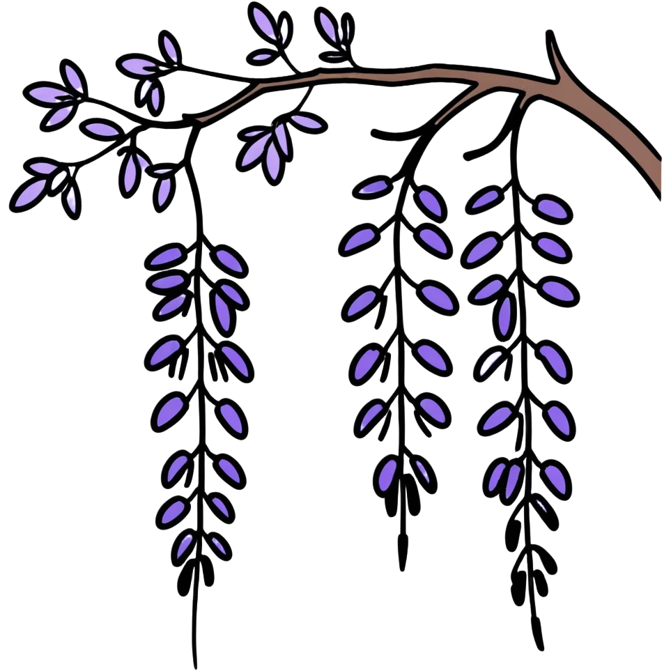Artistic Japanese wisteria (fuji) flower with sumi-e inspired brush strokes, hanging lavender bloom clusters, zen minimalist aesthetic with subtle ink wash background emoji