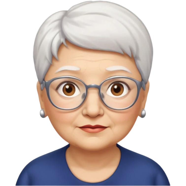 Create me emoji of an old mid-fat lady. Short white hair to left side. Square glasses. Brown eyes. No earings emoji