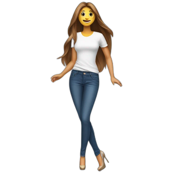 Woman with long hair dressing jeans with DNX Solutions Tshirt dancing in high heels emoji