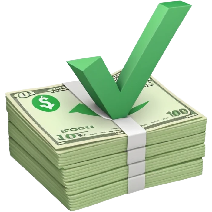 stack of bills facing up with a big green tick in the background emoji