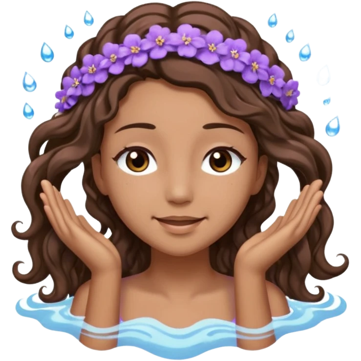 Sticker 3D joven de piel morena clara, ojos marrón oscuro y pestañas largas. Cabello castaño ondulado extralargo hasta la mitad de los glúteos. Viste DE lavanda. con abundante espuma  sobre su cabeza y manos en el pelo, ojos cerrados, expresión feliz. Render con destellos de agua. emoji