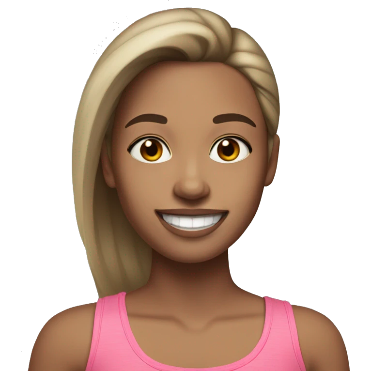 Girl with pink tank top and lighter skin straight brown hair with light blonde highlights with makeup smiling and long hair emoji