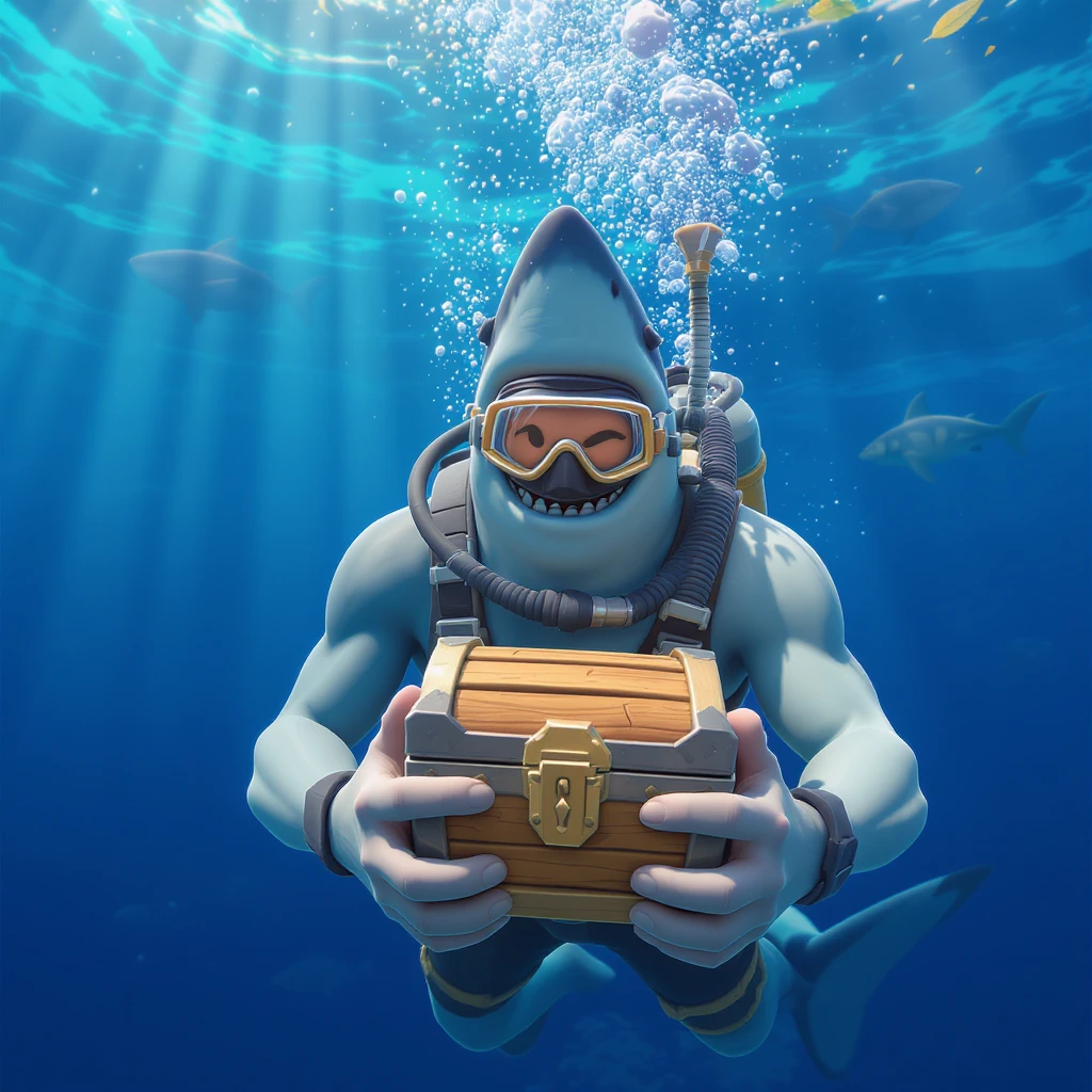 portrait, closeup, 3D, symmetrical, fortnite art style, diver holding chest underwater, happy shark swiming around him, blue crystal water, sunny day emoji