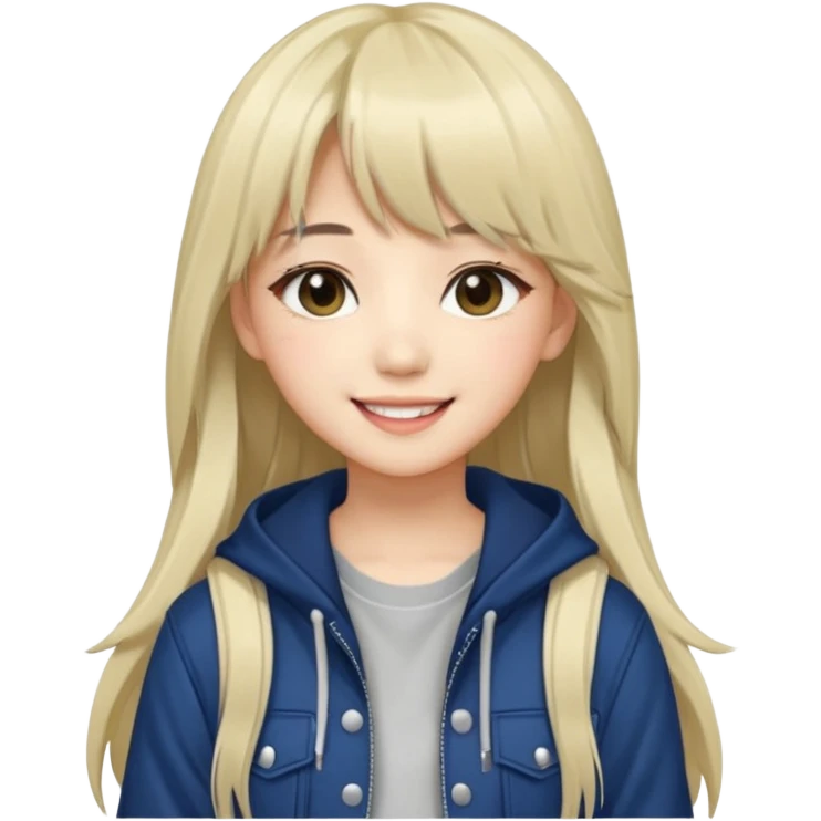 Portrait of a young female K-pop idol, wearing a stylish streetwear outfit with layered clothing, long hair with bangs, cool face emoji