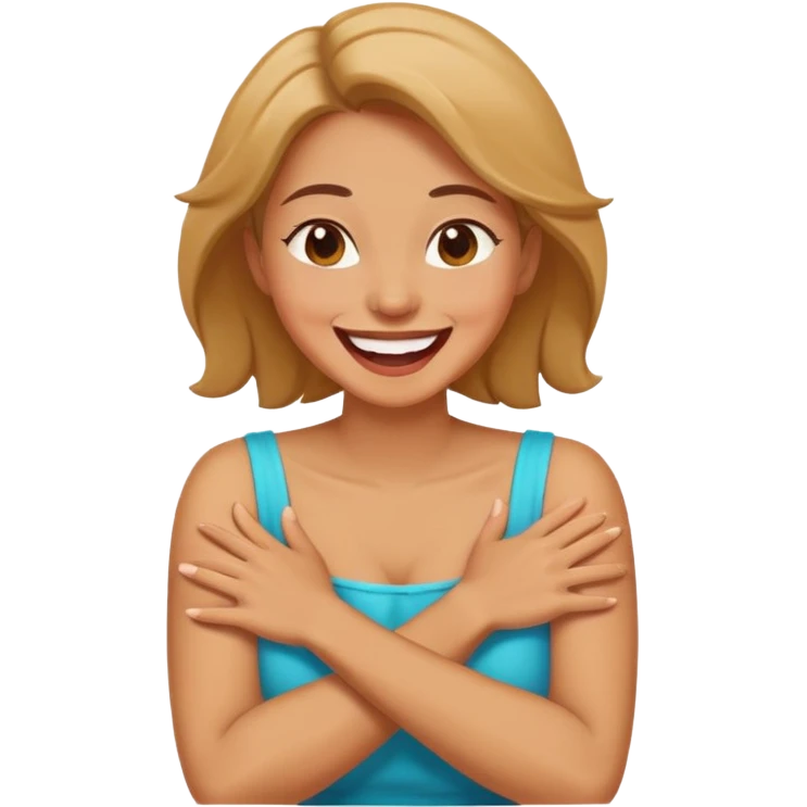 Woman with arms crossed over neck laughing emoji