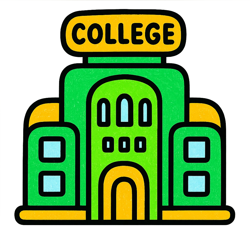 college building, modern look, green gold and white color scheme, rounded shapes, simple design emoji