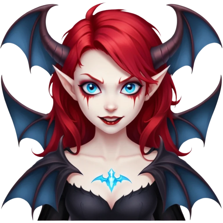 extremely diabolical girl with demonic bat wings, blood red hair, glowing blue eyes, black hellfire aura, sharp horns, evil grin emoji