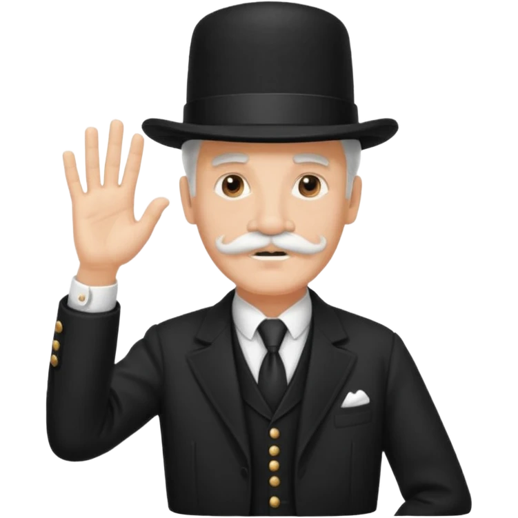 very big white moustachhe and typical 1900 black elegant clothes and hat . politician pose uses hands to speak emoji