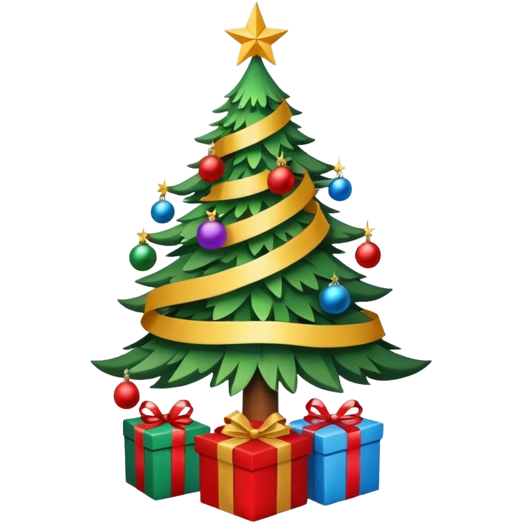 Christmas tree with decorations and ribbons, it has a star on top, at the base of the tree there are gifts. emoji