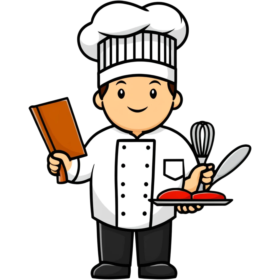 Enthusiastic chef wearing business suit and chef hat, holding cooking utensils and a sales contract emoji