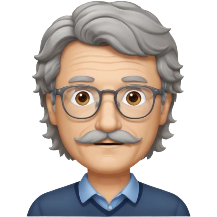 Generate a portrait of a slightly older man with glasses. His hair is quite thin, gray, but wavy. He has brown eyes and a mustache. emoji