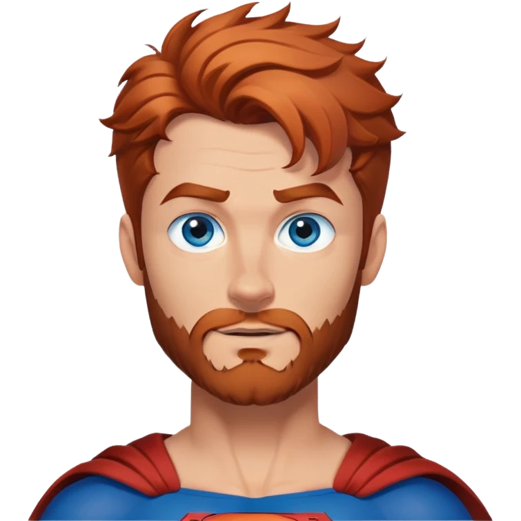 flying superman，half body, blue eyes, Irish redish messy hair, trimmed facial hair emoji