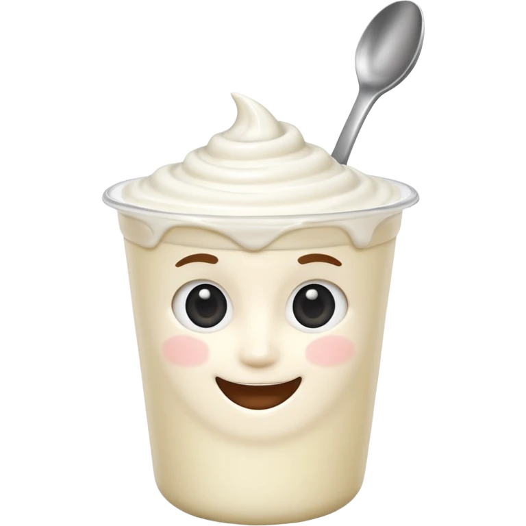 A 3D cartoon yogurt cup with a spoon, creamy white top, Memoji-style rendering. emoji