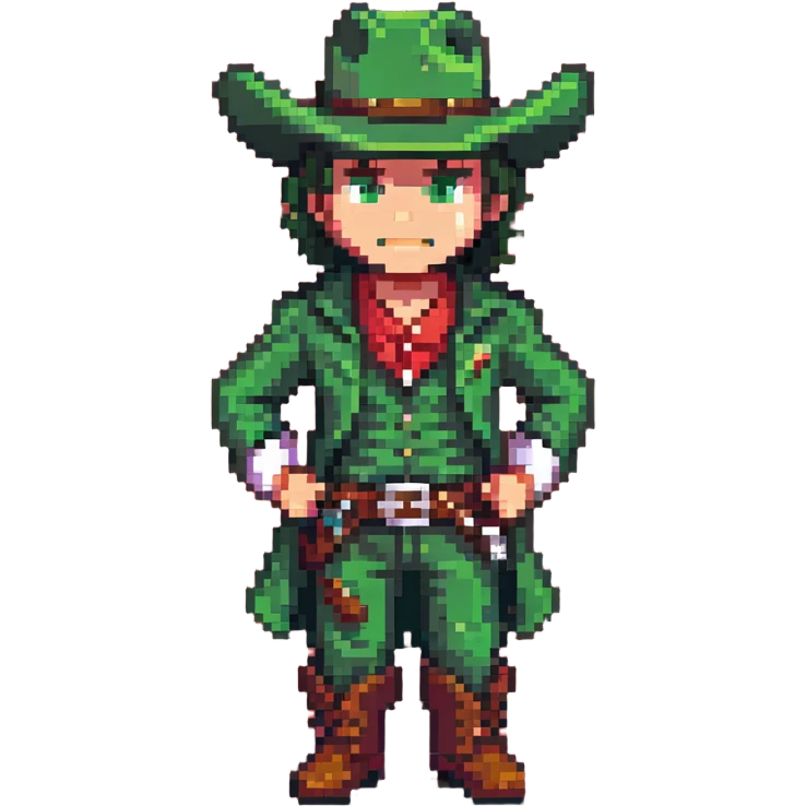 Cowboy character with green outfit and hat, western style emoji