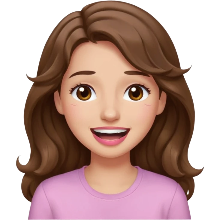 girl with wavy long brown hair, brown eyes, light to medium complexion, long lashes, light pink lipstick, wearing light pink shirt, smiling, crying laughing emoji