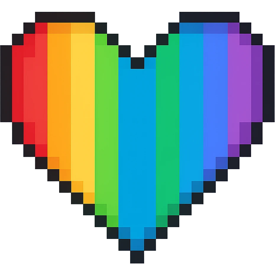 Create a pixel art heart with vertical rainbow stripes and no background. The style should clearly reflect pixel art characteristics with distinct vertical stripes in rainbow colors. emoji