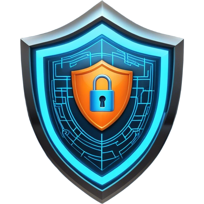 A futuristic shield with a digital glitch effect, representing cybersecurity and protection. The shield has a glowing lock in the center, symbolizing security. Surrounding it are blockchain-inspired lines or nodes, representing Web3 technology. The color scheme is sleek with neon blue, black, and orange accents for a high-tech feel. emoji