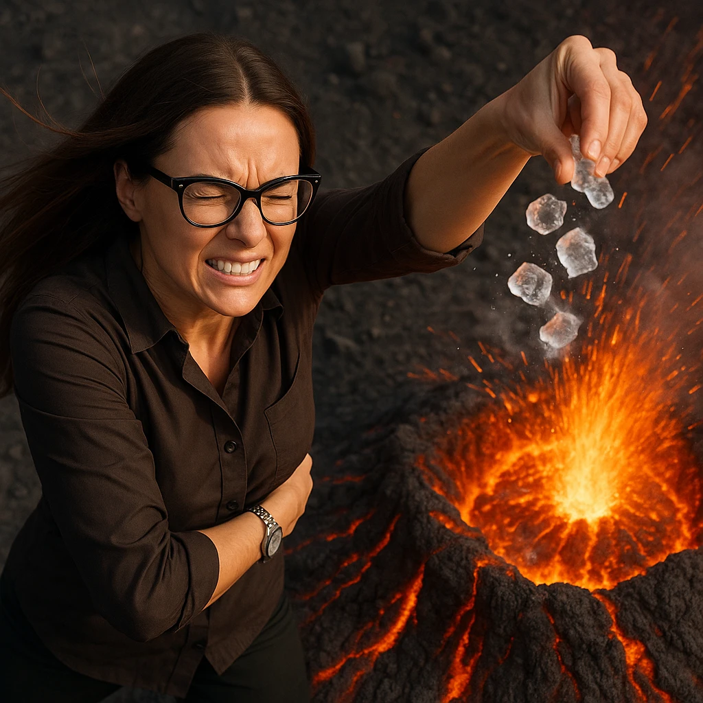 Create a hyperrealistic woman similar to the reference photo, top view, throwing ice onto an erupting volcano. The ice melts immediately with no effect. The expression should show effort. The scene is symbolic with detailed features. emoji