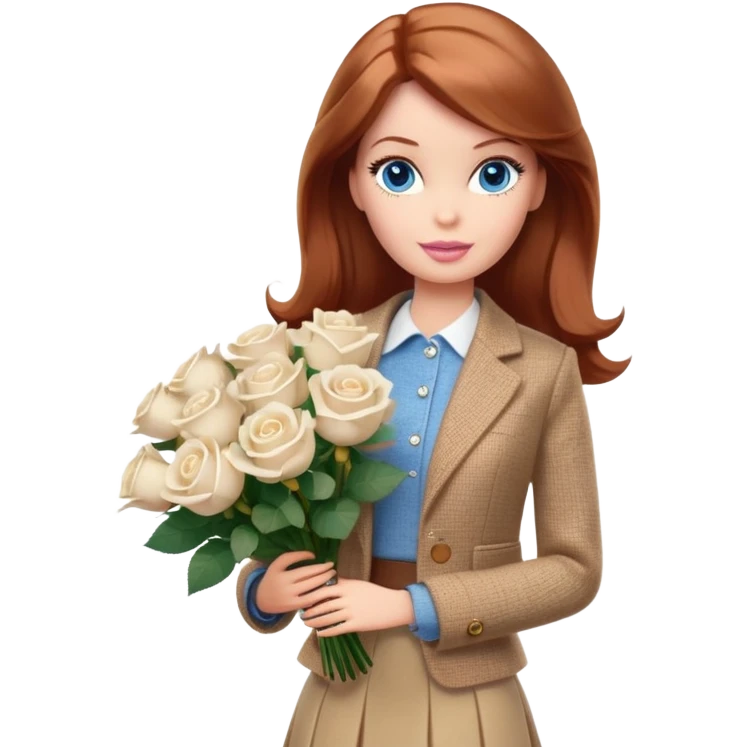 A Barbie girl with blue eyes, shoulder-length reddish-brown hair, made-up, wearing a beige tweed jacket and a beige skirt, with a bouquet of white roses emoji