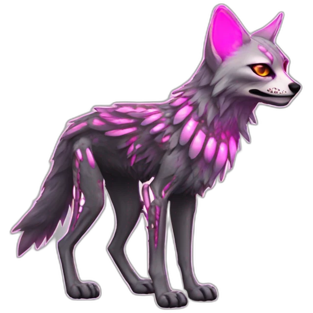 Coyote ocelot standing with grey and black fur and phoenix wings on back and pink ears half skeleton zombie, neon lights emoji