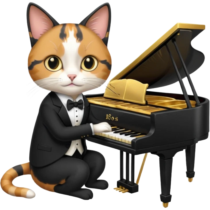 calico cat play gold piano, wear black suit, portrait emoji