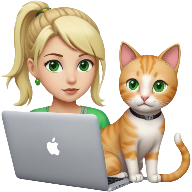 Blonde girl ponytail green eyes with apple MacBook and a cat emoji