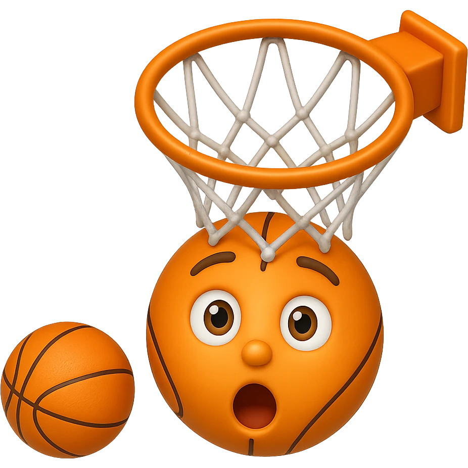 Change the perspective to be from the top of the key, with the basketball about a foot off the rim, in the style of apple emojis, keep the background transparent. emoji