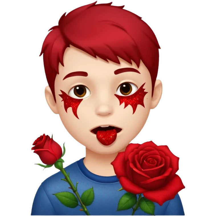 red glitter naughty-looking boy biting a rose in his mouth emoji