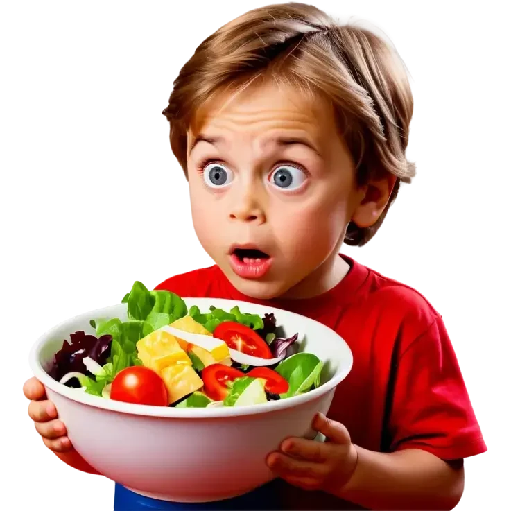 A 4-year-old boy who doesn't like to eat salad. The boy has expressive eyes and light brown hair. emoji
