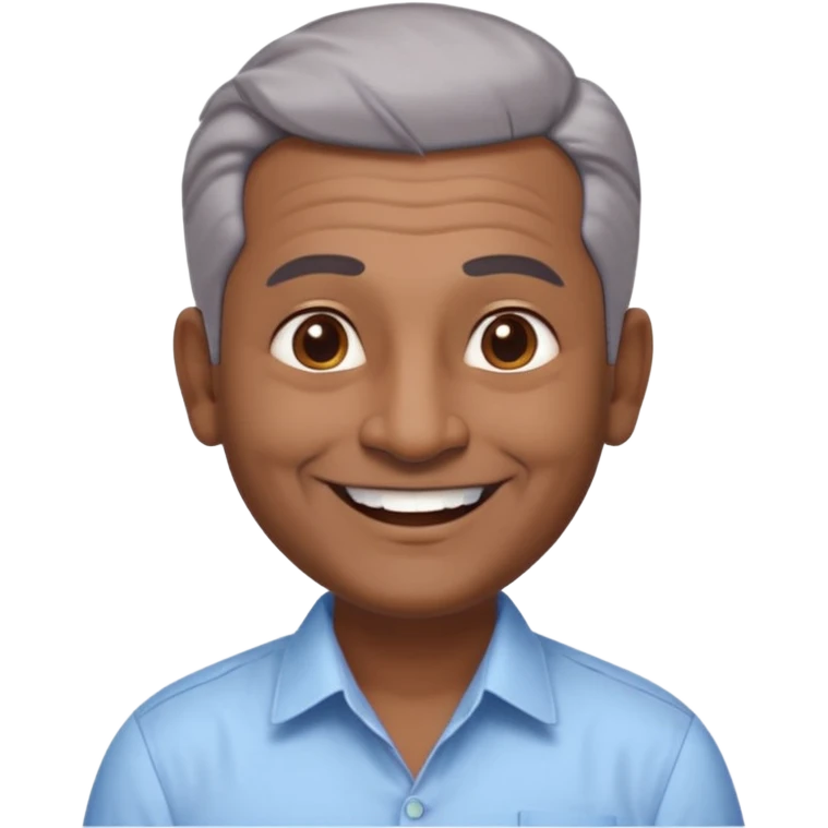 50 yr old indian man, dark skin, grey hair, big smile, white teeth, chubby, no moustache, clean shaven, young style hair, hair brushed back, 5 oclock shadow, bindy on forehead, dress shirt, forehead dot emoji