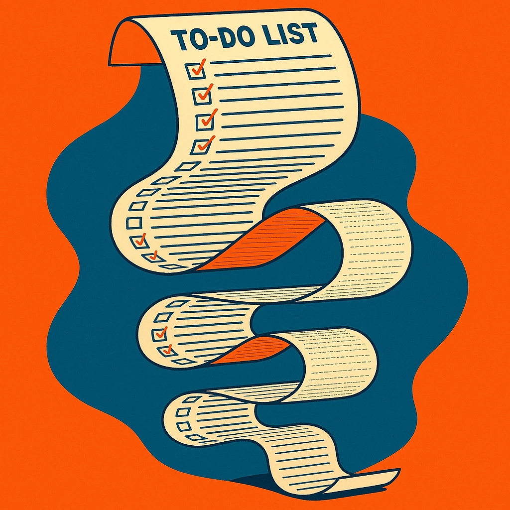 a to-do list paper that is extremely long, curling up and down like a snake, filled with many tiny checkboxes, fading into the distance to look never-ending emoji