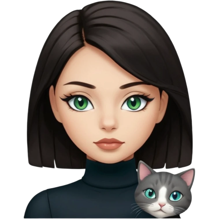 girl with dark straight hair, light medium skin tone, blue-green eyes, full lips with gloss, cat eye eyeliner and long lashes, wearing black turtleneck without sleeves emoji