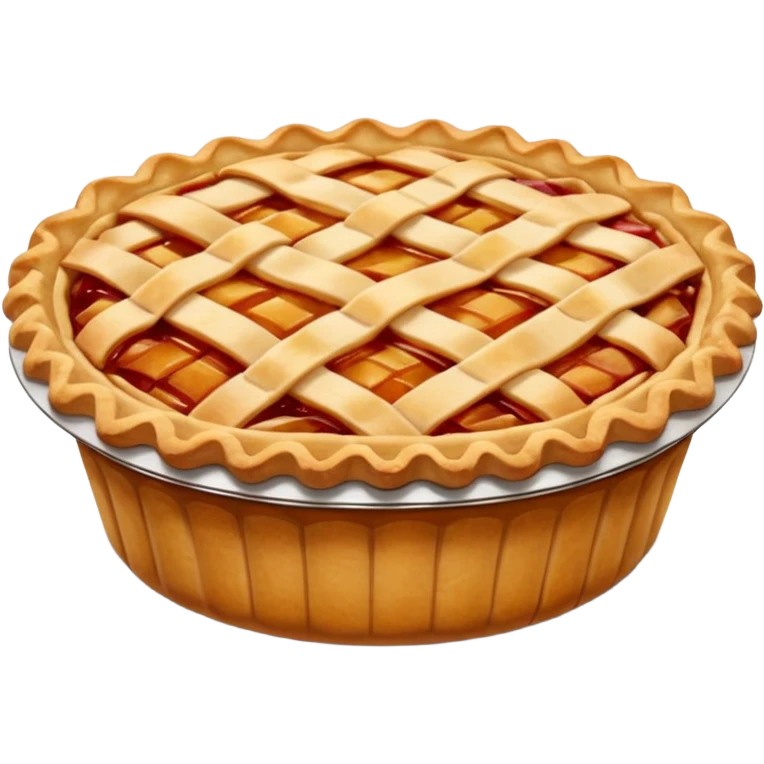 A highly detailed, photorealistic 3D render of a small, individual apple pie, with a golden-brown lattice crust. The filling is a rich, glistening red-amber, bubbling slightly.  emoji