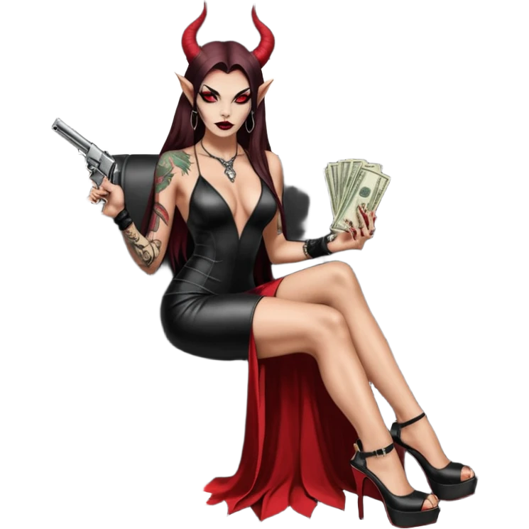 Lilith model red eye sexy black  devil horns.  long brown haired sexy succubus woman with leather long dress slit, sitting in limo. Wearing Black Platform high heels on feet. Tattoo sleeve arms, she has stacks of cash and a man dead human skull is on top of stack of cash and a gun in  hand emoji