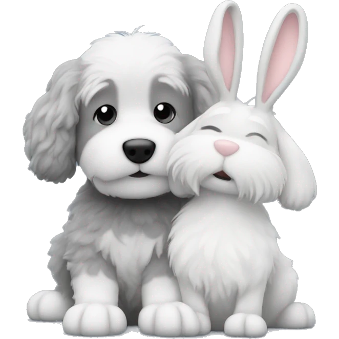 Grey and white fluffy dog petting a bunny ￼ emoji