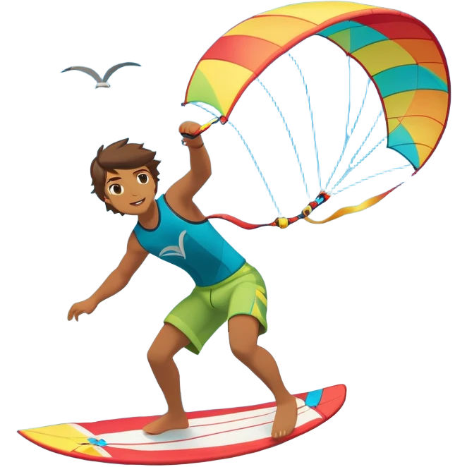 A kite surfer soaring above the waves, holding onto a kite with the wind in full force. The background showcases the ocean and sky, emphasizing the freedom, thrill, and energy of the sport. The motion of the kite and board is dynamic, capturing the excitement of kiting. emoji