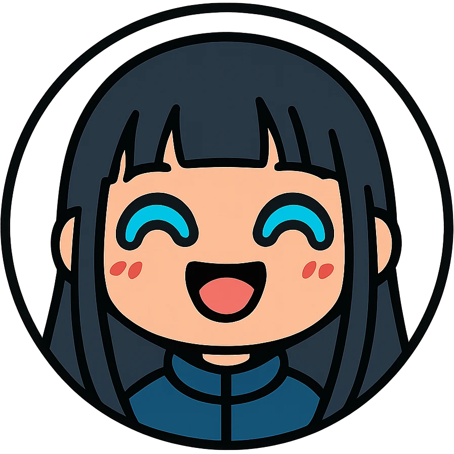chibi cyberpunk girl with long straight black hair, large glowing neon-blue anime eyes, light peach skin, round face, small nose, soft cheeks, thin black line art, happy expression with big joyful smile, closed upside-down U-shaped eyes, cheeks puffed, bubbly glowing look, inside a thin black circle, pure white background emoji
